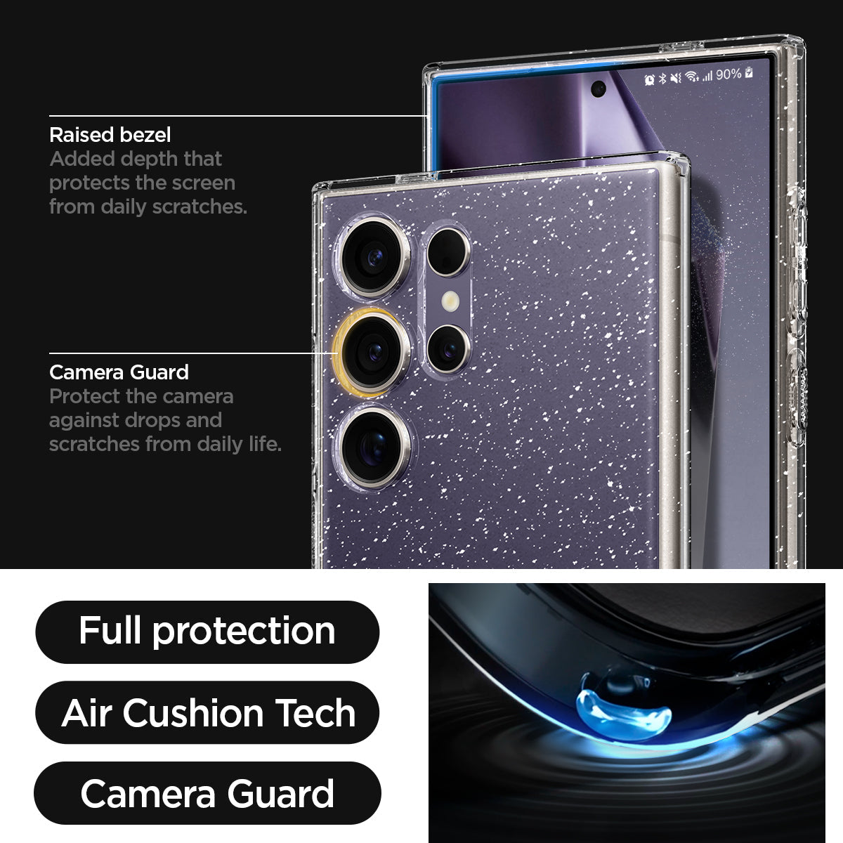 ACS07285 - Galaxy S24 Ultra Case Liquid Crystal Glitter in Crystal Quartz raised bezel added depth that protects the screen from daily scratches. camera guard protect the camera against drops and scratches from daily life. full protection. air cushion tech. camera guard.