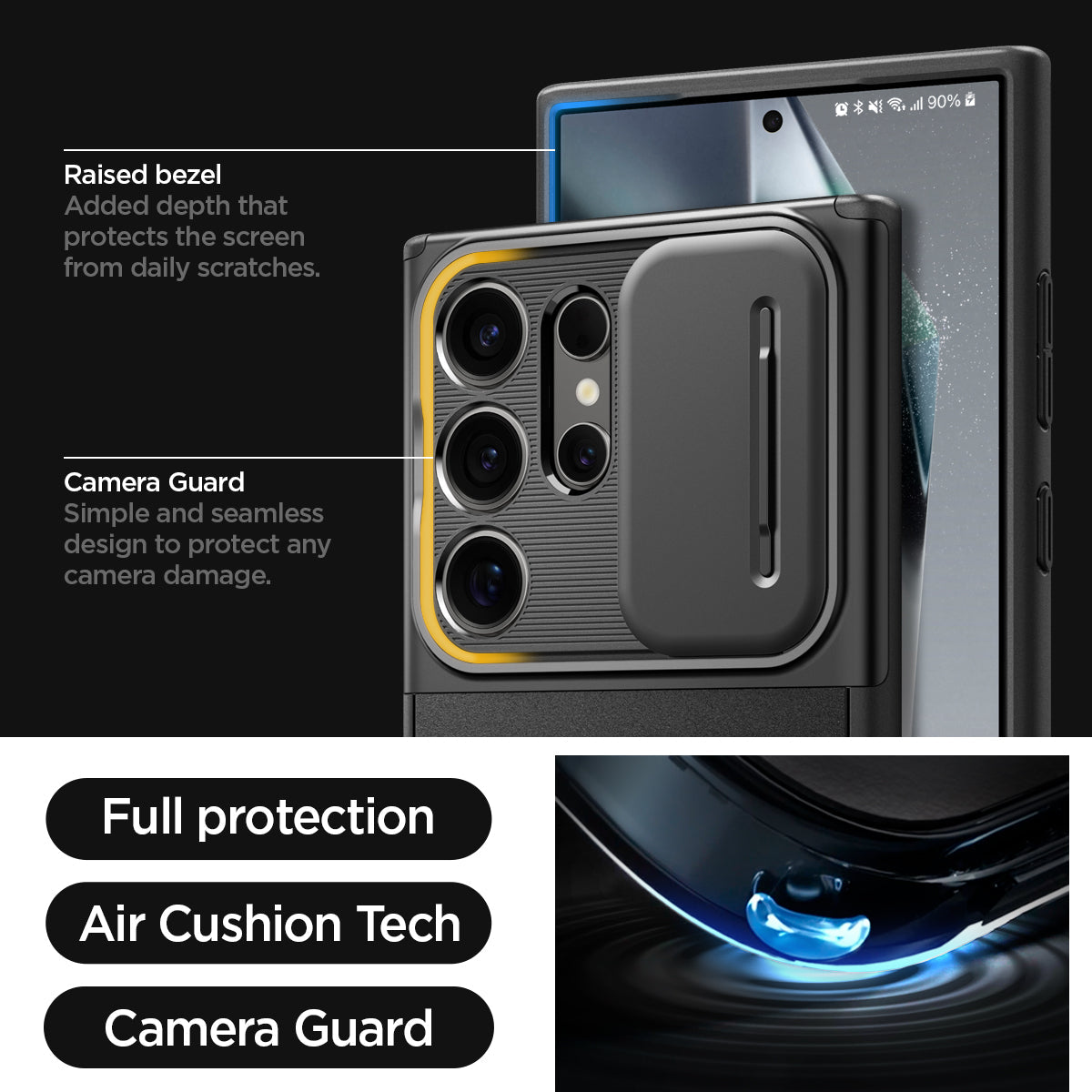ACS07313 - Galaxy S24 Ultra Case Optik Armor in Black showing the full protection, air cushion tech, and camera guard. Raised bezel-added depth that protects the screen from daily scratches