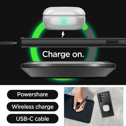 ACS07295 - Galaxy S24 Ultra Case Ultra Hybrid in Matte Black charge on. powershare. wireless charge. USB-C cable.