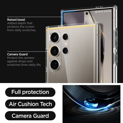 ACS07292 - Galaxy S24 Ultra Case Ultra Hybrid in Crystal Clear raised bezel added depth that protects the screen from daily scratches. camera guard protect the camera against drops and scratches from daily life. full protection. air cushion tech. camera guard.