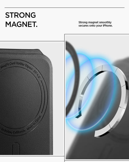 AFA10405 - MagSafe Card Holder Slim Fold (MagFit) | S314-1 in Black showing strong magnet. strong magnet smoothly secures onto your iPhone