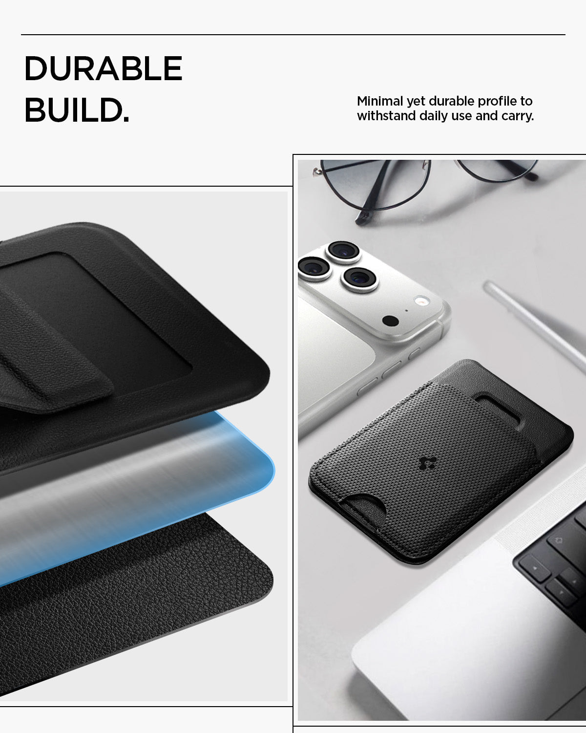 AFA10405 - MagSafe Card Holder Slim Fold (MagFit) | S314-1 in Black showing durable build. minimal yet durable profile to withstand daily use and carry