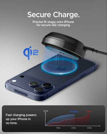 ACH07977 - OneTap Phone Kickstand S310WCK (MagFit) in Black showing the secure charge, snaps iPhone on securely with precise mounting and Qi2 charging.