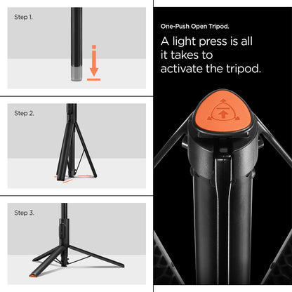 AMP09336 - Tripod Selfie Stick S541W in Black showing the one-push open tripod. A light press is al it takes to activate the tripod 1. Placed the stick on the floor 2. Lightly press to release the stand and 3. Extend the tripod stand