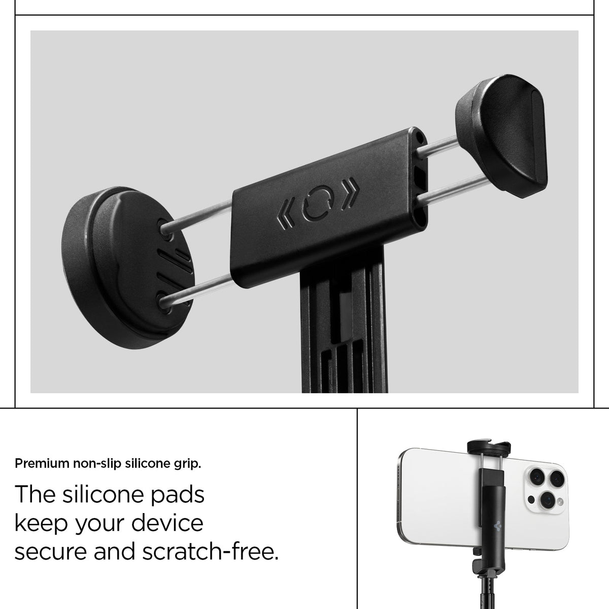 AMP09336 - Tripod Selfie Stick S541W in Black showing the premium non-slip silicone grip. The silicone pads keep your device secure and scratch-free