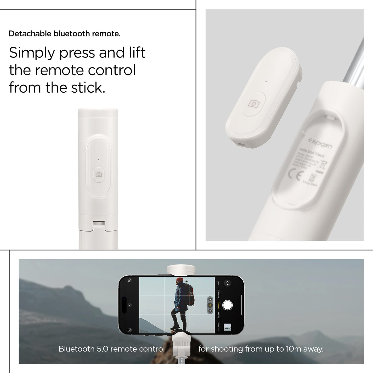 AMP09337 - Tripod Selfie Stick S541W in Dune Beige showing the detachable bluetooth remote. Simply press and lift the remote control from the stick