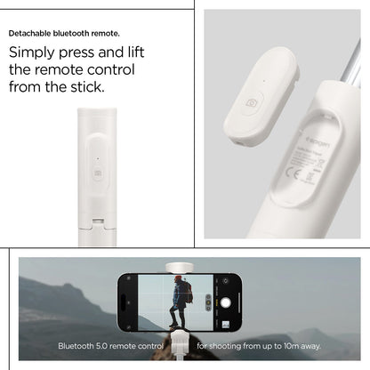 AMP09337 - Tripod Selfie Stick S541W in Dune Beige showing the detachable bluetooth remote. Simply press and lift the remote control from the stick