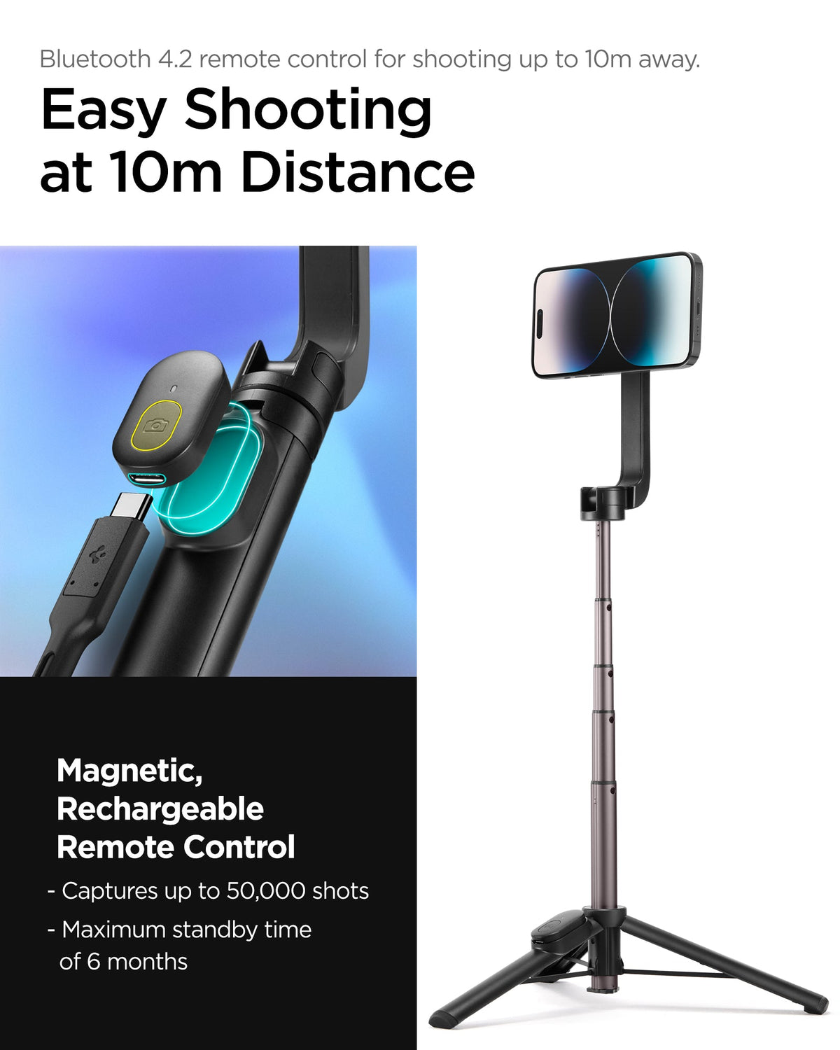 AMP06402 - Tripod Selfie Stick (MagFit) in Black showing the easy shooting at 10m distance, with bluetooth 4.2 remote control for shooting up, also magnetic, rechargeable remote control, capture up to 50,000 shots, maximum standby time of 6 months