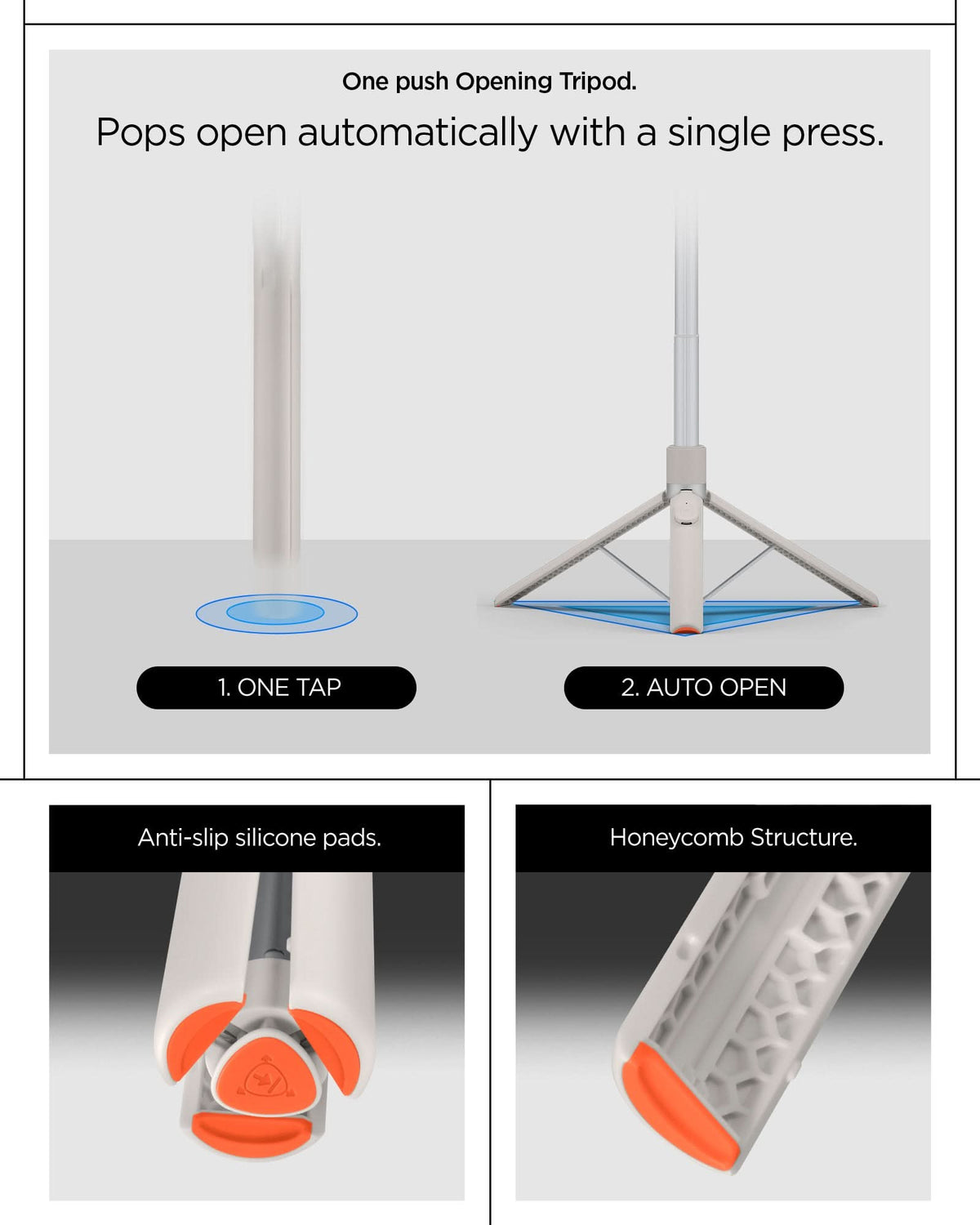 AMP09535 - s581w selfie stick magfit in dune beige one push opening tripod. 1. one tap, 2. auto open. anti slip silicone pads. honeycomb structure.