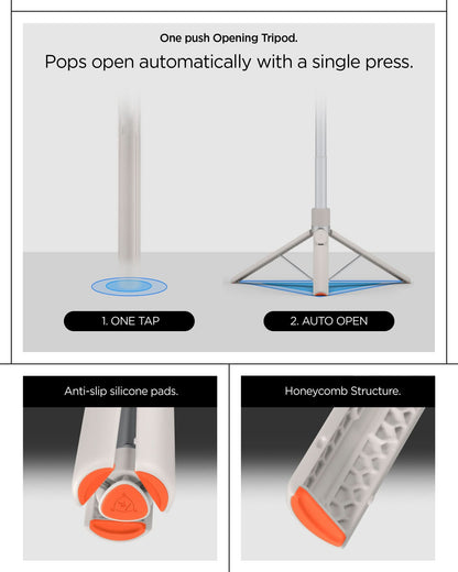 AMP09535 - s581w selfie stick magfit in dune beige one push opening tripod. 1. one tap, 2. auto open. anti slip silicone pads. honeycomb structure.