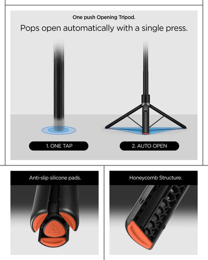 AMP09534 - s581w selfie stick magfit in black one push opening tripod. 1. one tap, 2. auto open. anti slip silicone pads. honeycomb structure.