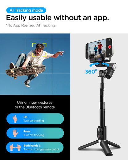 AMP08945 - Gimbal Selfie Stick | S620W in Black showing AI tracking mode with no-app face tracking 360-degree rotation and finger gesture control guide for turning tracking on and off
