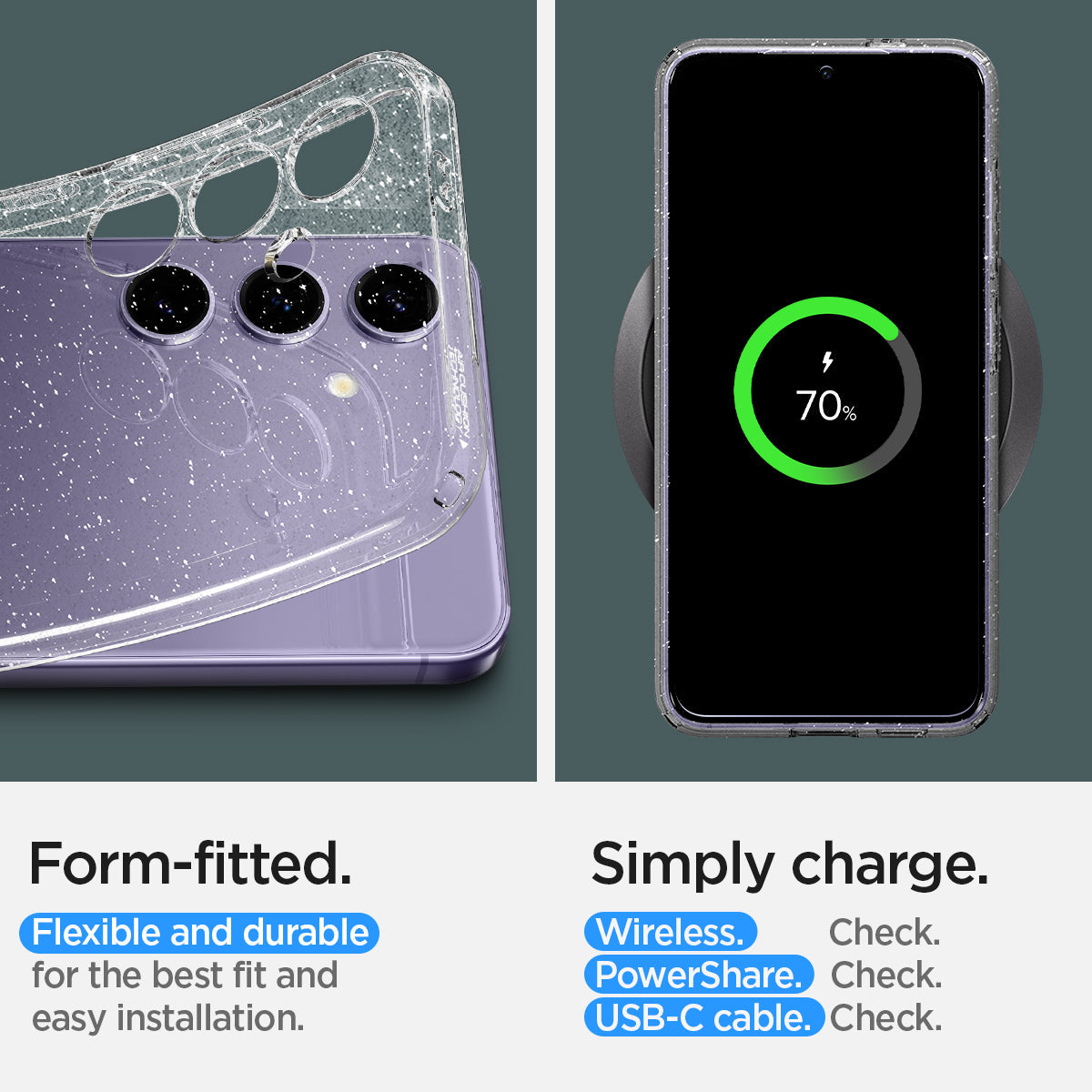 ACS07325 - Galaxy S24 Plus Case Liquid Crystal Glitter in Crystal Quartz form fitted flexible and durable for the best fit and easy installation. Simply charge wireless check. powershare check. USB-C cable.