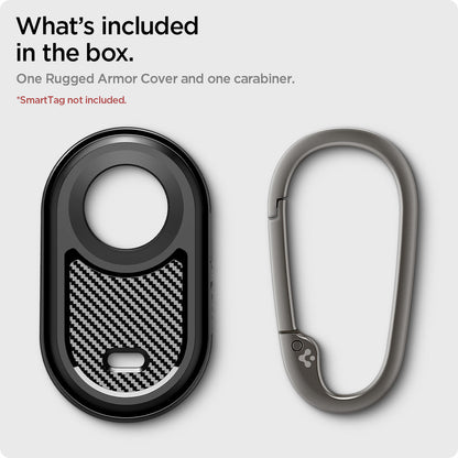ACS06271 - Galaxy SmartTag 2 Case Rugged Armor in matte black what's included in the box. one rugged armor cover and one carabiner. Smart tag not included.