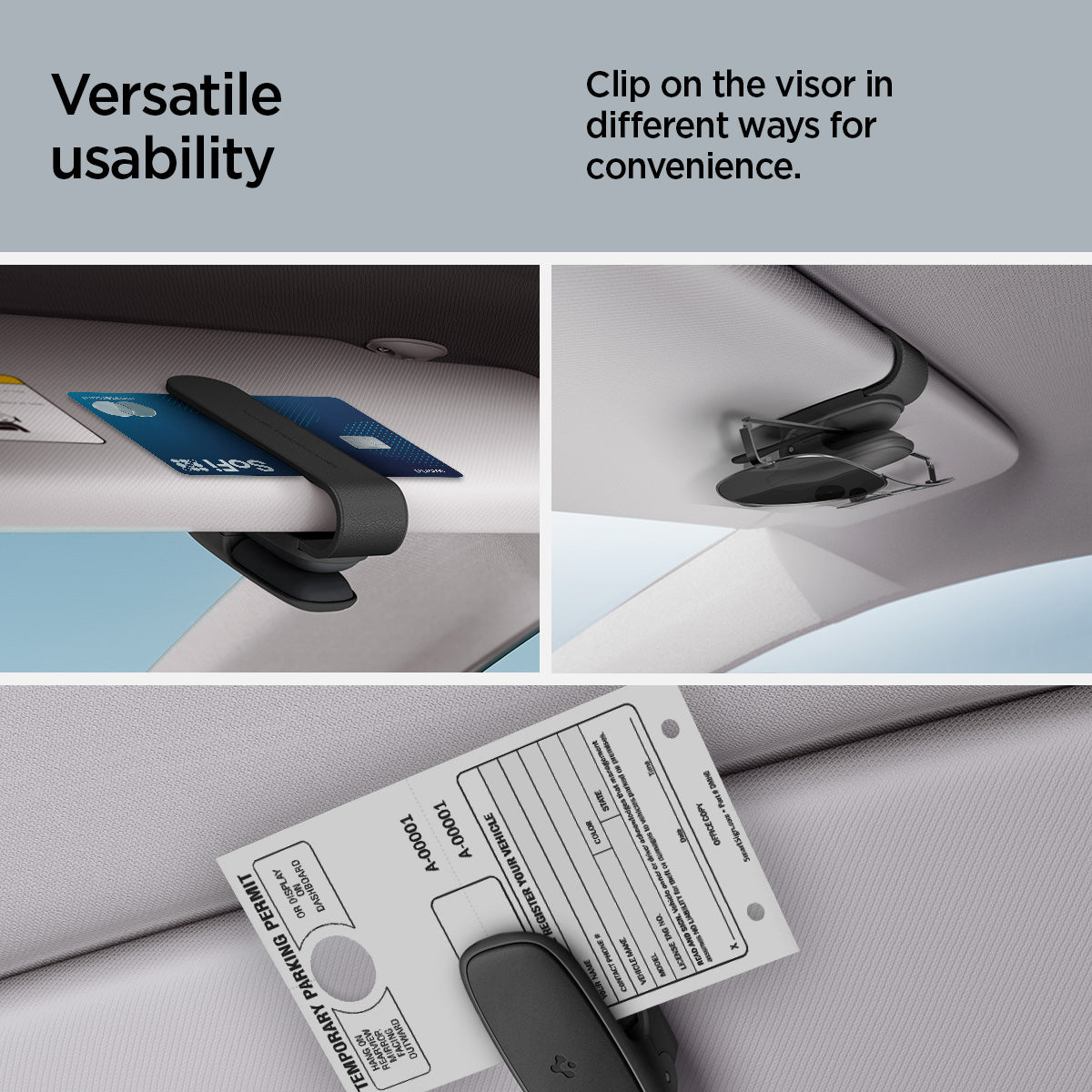 ACP08824 - Visor Sunglass Holder SH100 in Black showing the versatile usability. Able to use as a clip for sunglasses, credit cards, or parking tickets.