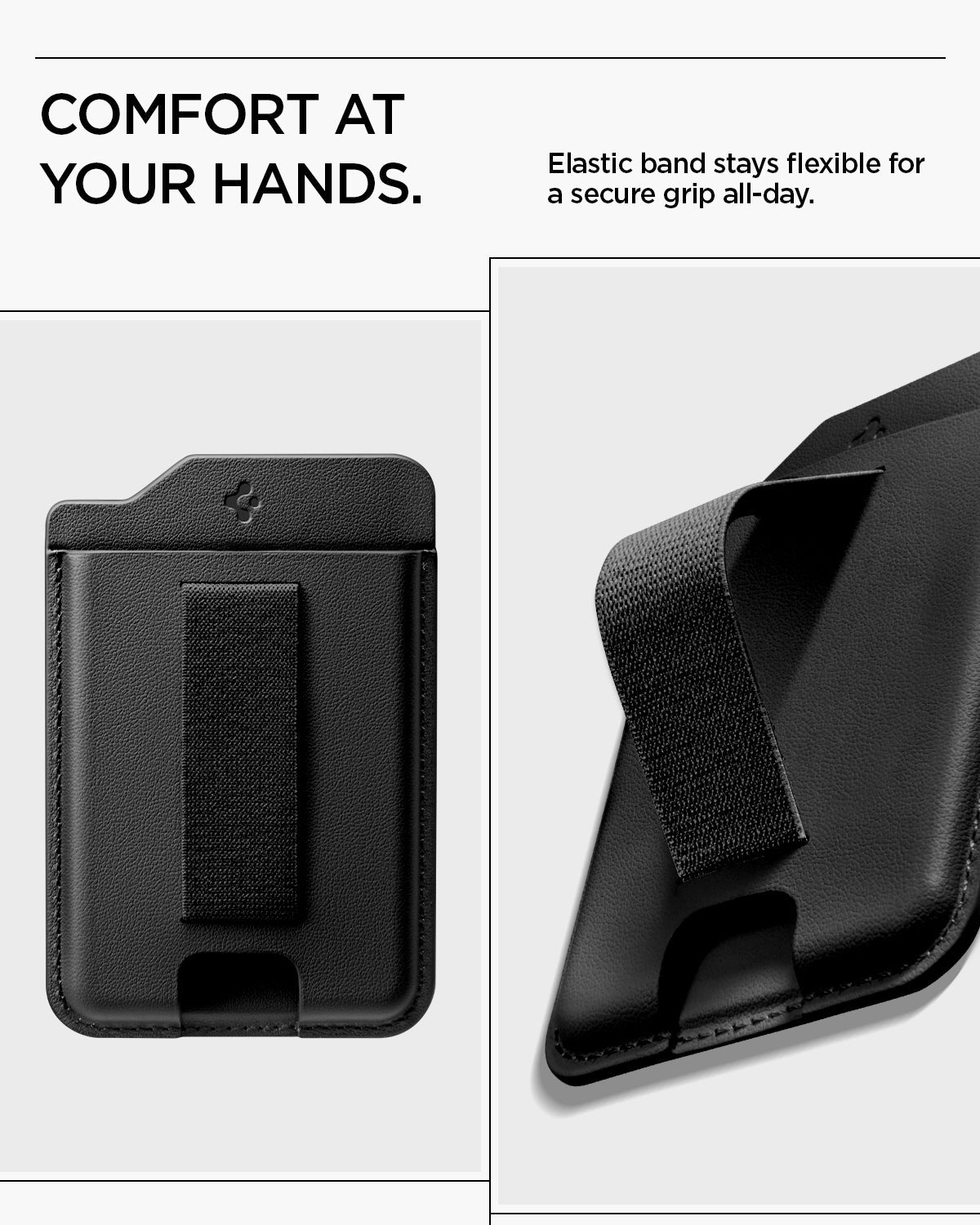AFA10802 - MagSafe SleekBand Card Holder | 3 Cards (MagFit) in Dark Black showing comfort at your hands. elastic band stays flexible for a secure grip all day