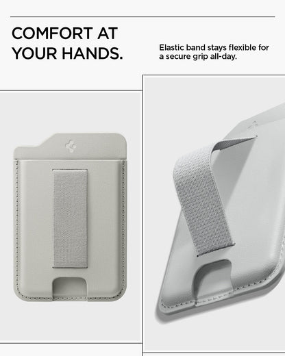 AFA10803 - MagSafe SleekBand Card Holder | 3 Cards (MagFit) in Urban Gray showing comfort at your hands. elastic band stays flexible for a secure grip all day