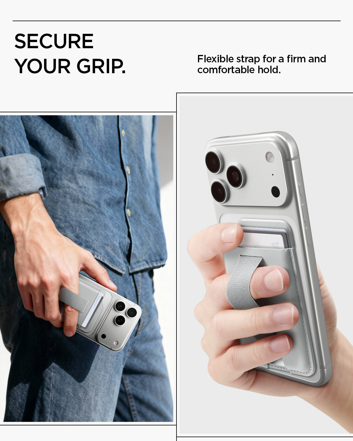 AFA10803 - MagSafe SleekBand Card Holder | 3 Cards (MagFit) in Urban Gray showing secure your grip. flexible strap for a firm and comfortable hold