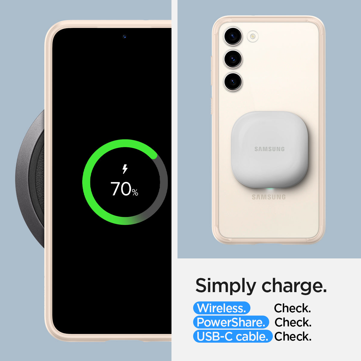 ACS06086 - Galaxy S23 Case Ultra Hybrid in sand beige Simply charge wireless check. power share check. USB-C cable check.