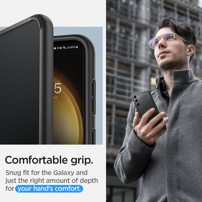 ACS05715 - Galaxy S23 Case Ultra Hybrid in black comfortable grip. snug fit for the galaxy and just the right amount of depth for your hand's comfort.