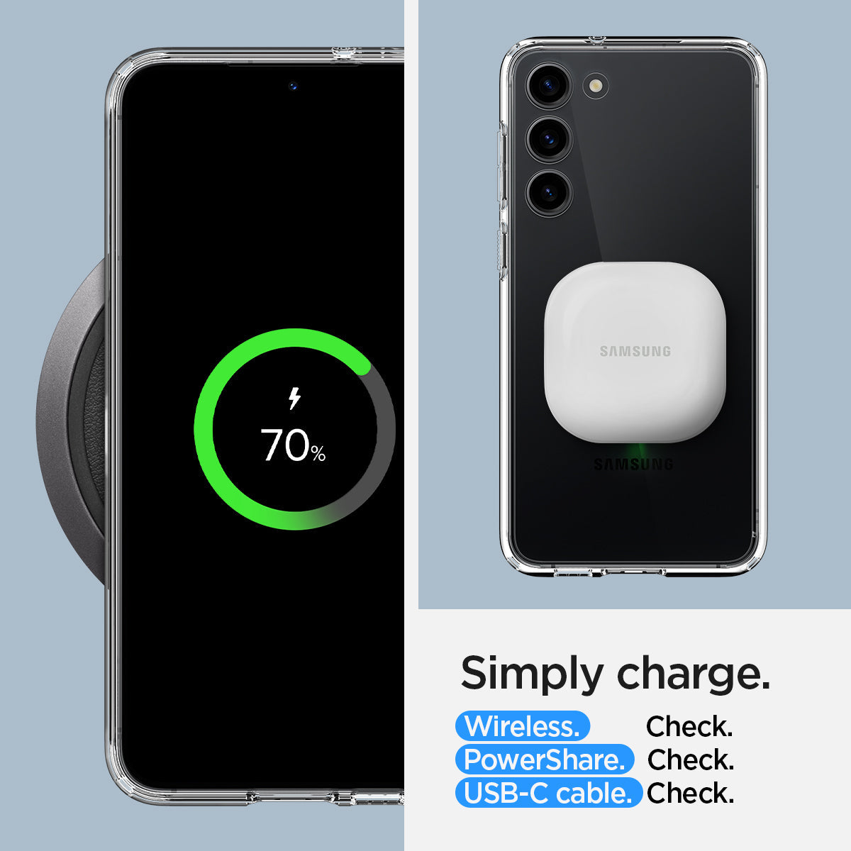 ACS05714 - Galaxy S23 Case Ultra Hybrid in crystal clear Simply charge wireless check. power share check. USB-C cable check.