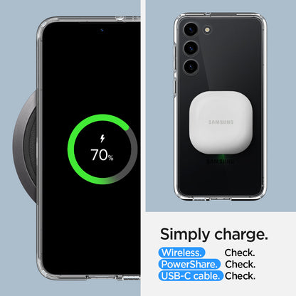 ACS05714 - Galaxy S23 Case Ultra Hybrid in crystal clear Simply charge wireless check. power share check. USB-C cable check.