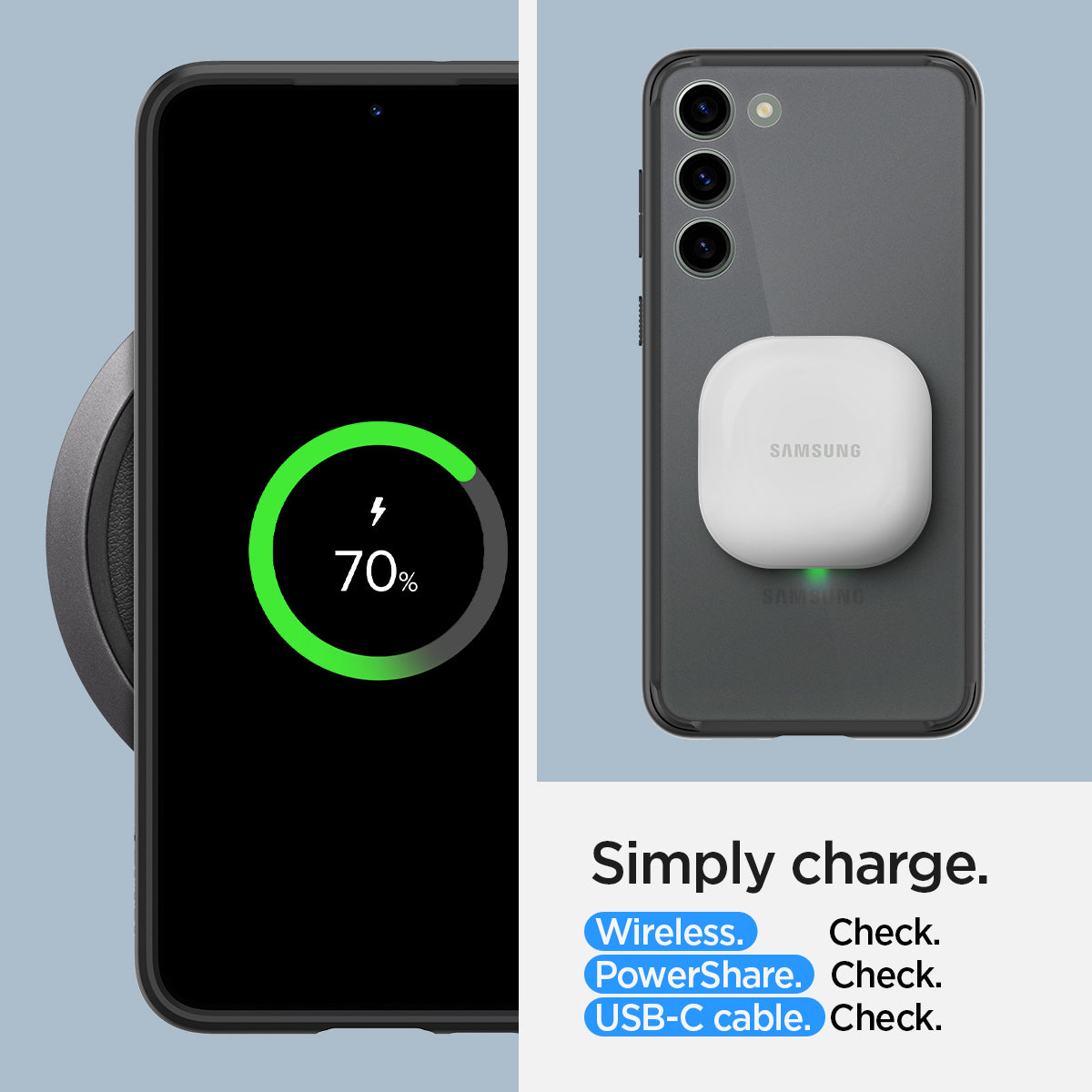 ACS05716 - Galaxy S23 Case Ultra Hybrid in frost black Simply charge wireless check. power share check. USB-C cable check.