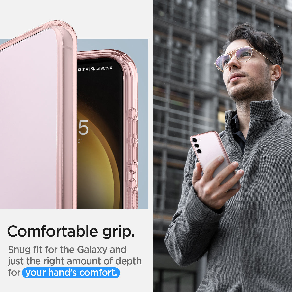 ACS06087 - Galaxy S23 Case Ultra Hybrid in rose crystal comfortable grip. snug fit for the galaxy and just the right amount of depth for your hand's comfort.