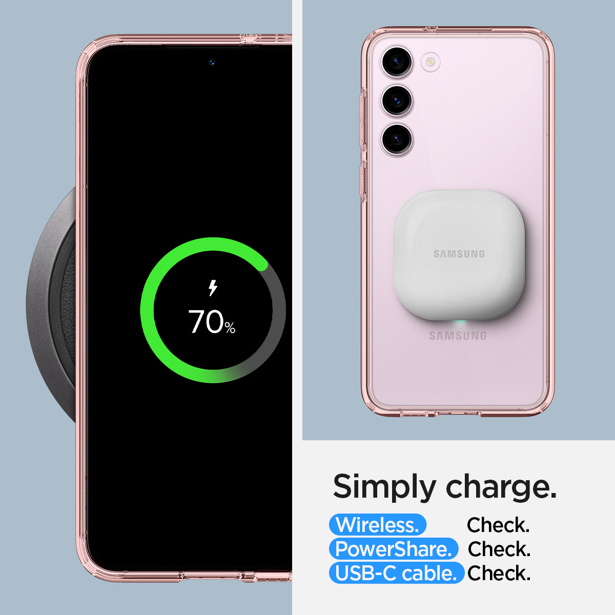 ACS06087 - Galaxy S23 Case Ultra Hybrid in rose crystal Simply charge wireless check. power share check. USB-C cable check.