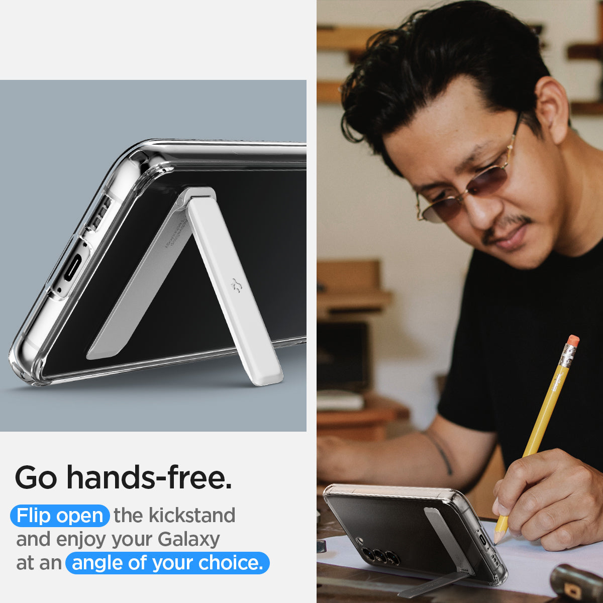 ACS05717 - Galaxy S23 Case Ultra Hybrid S in crystal clear go hands free. Flip open the kick stand and enjoy your galaxy at an angle of your choice.