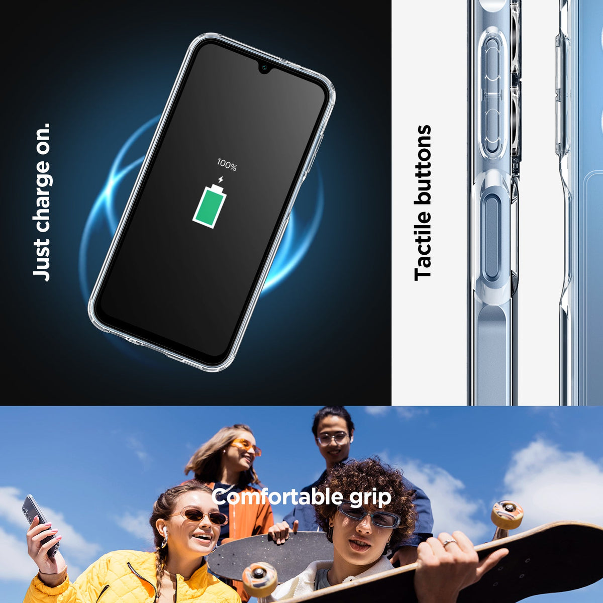 ACS07241 - Galaxy A15 5G Case Ultra Hybrid in Crystal Clear just charge on. Tactile buttons. Comfortable grip.