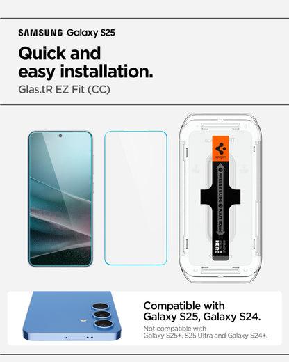 AGL07438 - Galaxy S25 GLAS.tR EZ Fit in Clear showing the quick and easy installation. Compatible with Galaxy S25, Galaxy S24 but not compatible with Galaxy S25+ and Galaxy S24+