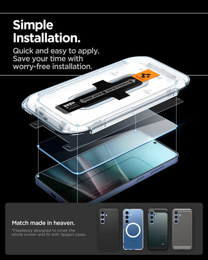 AGL07438 - Galaxy S25 GLAS.tR EZ Fit in Clear showing the simple installation, quick and easy to apply. Save your time with worry-free installation. Flawlessly designed to cover the whole screen and fit with Spigen cases