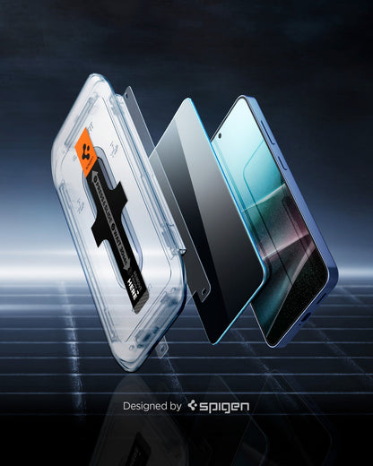 AGL07627 - Galaxy S25 GLAS.tR EZ Fit in Privacy showing the alignment tray hovering in front of the film strip, screen protector and the device