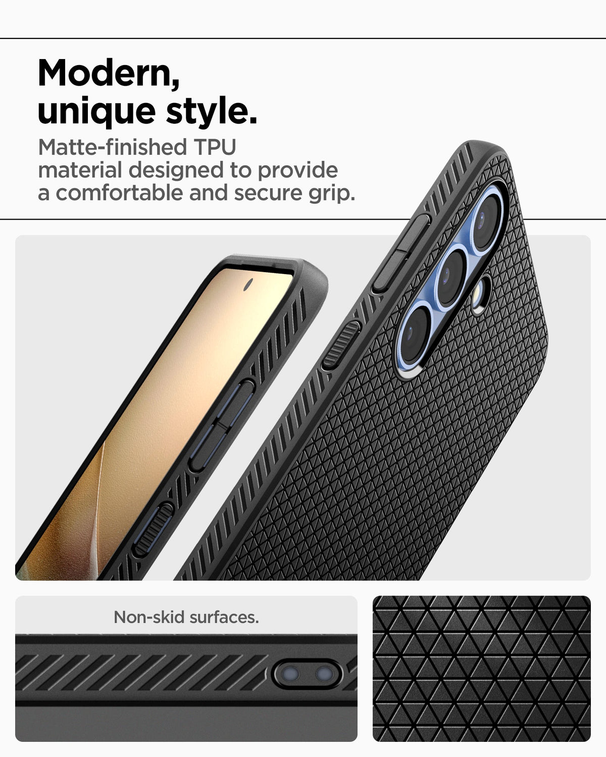 ACS09000 - Galaxy S25 Case Liquid Air in Matte Black showing the modern unique style. Matte-finished TPU material designed to provide a comfortable and secure grip. Non-skid surfaces
