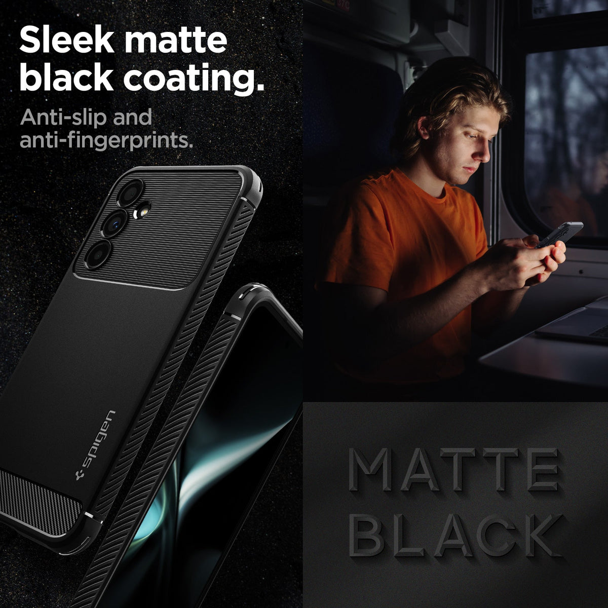 ACS05888 - Galaxy A54 5G Case Rugged Armor in Matte Black showing the sleek matte black coating. Anti-slip and anti-fingerprints