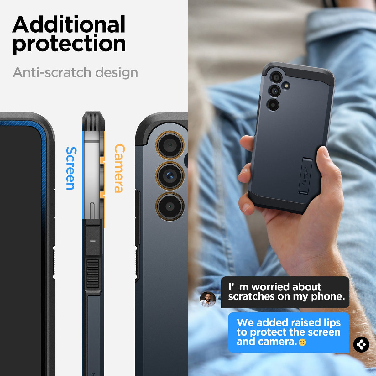 ACS05884 - Galaxy A54 5G Case Tough Armor in Metal Slate showing the additional protection. Anti scratch design