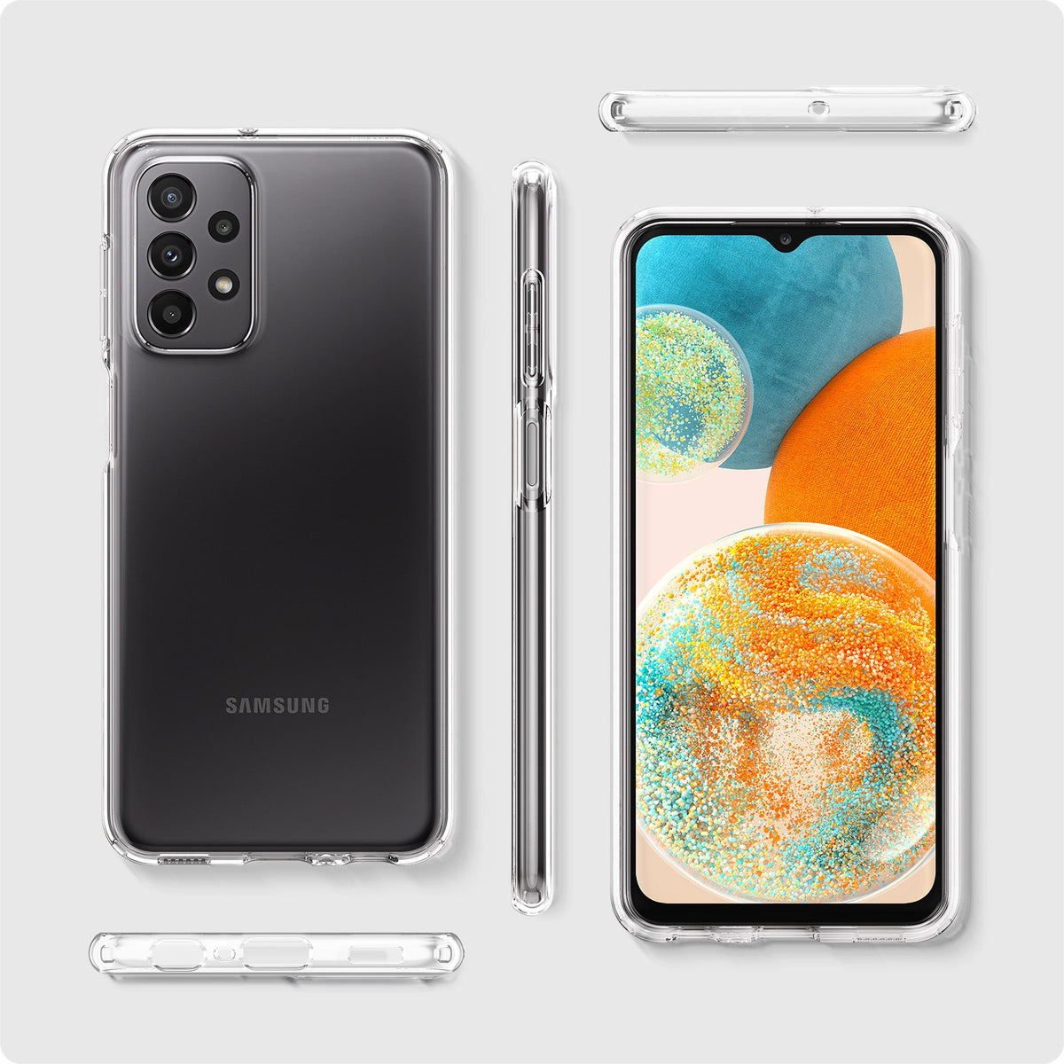 ACS04594 - Galaxy A23 5G Case Liquid Crystal in Crystal Clear showing side, front and back with case open.