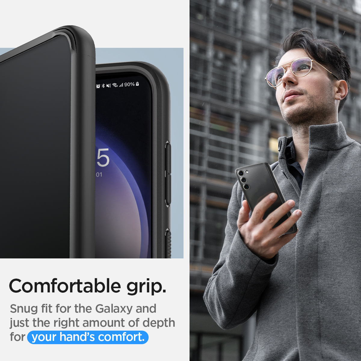 ACS05669 - Galaxy S23 Plus Case Ultra Hybrid in black comfortable grip. snug fit for the galaxy and just the right amount of depth for your hand's comfort.