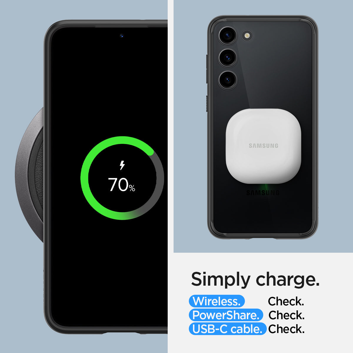 ACS05669 - Galaxy S23 Plus Case Ultra Hybrid in black Simply charge wireless check. power share check. USB-C cable check.