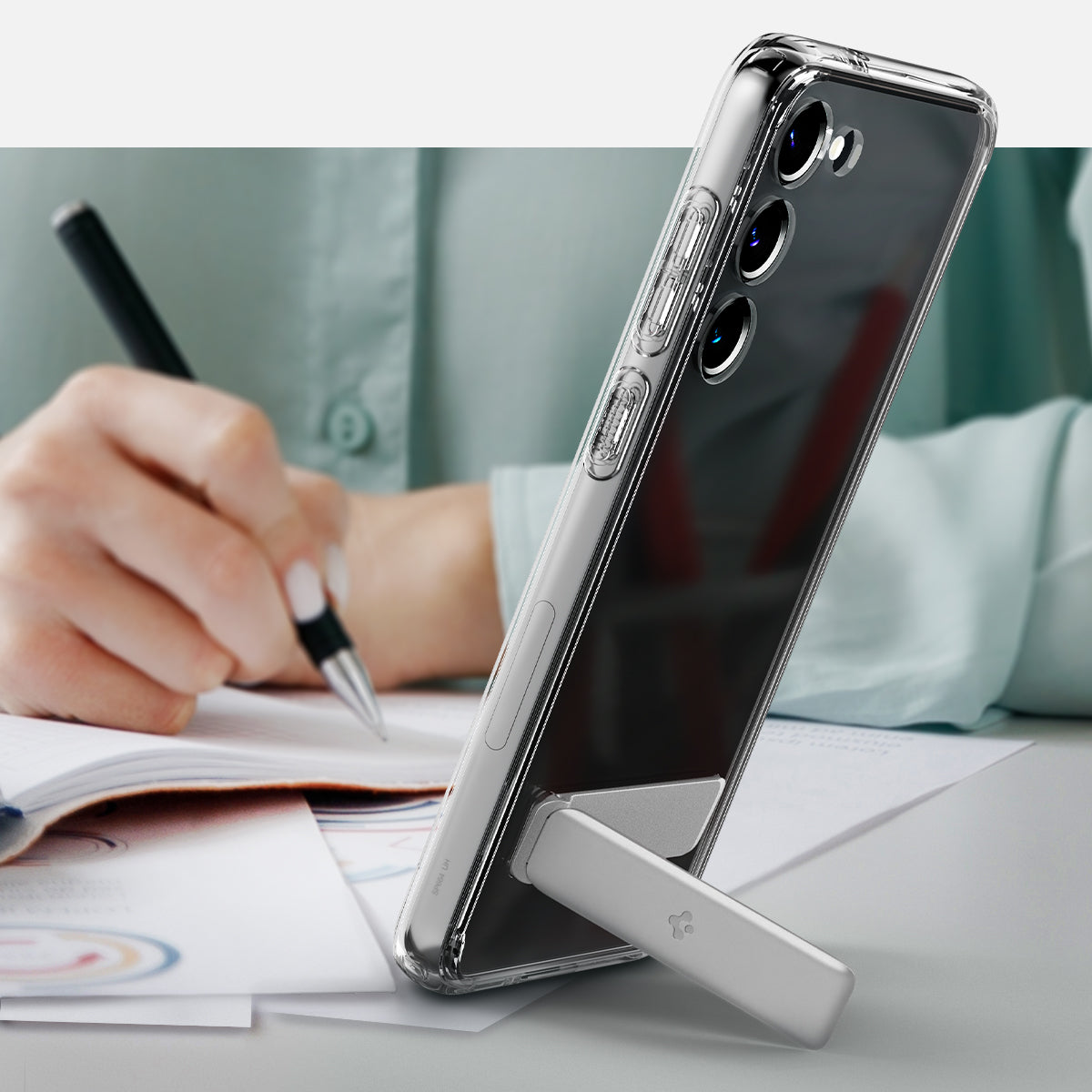 ACS05671 - Galaxy S23 Plus Case Ultra Hybrid S in crystal clear showing using kick stand.