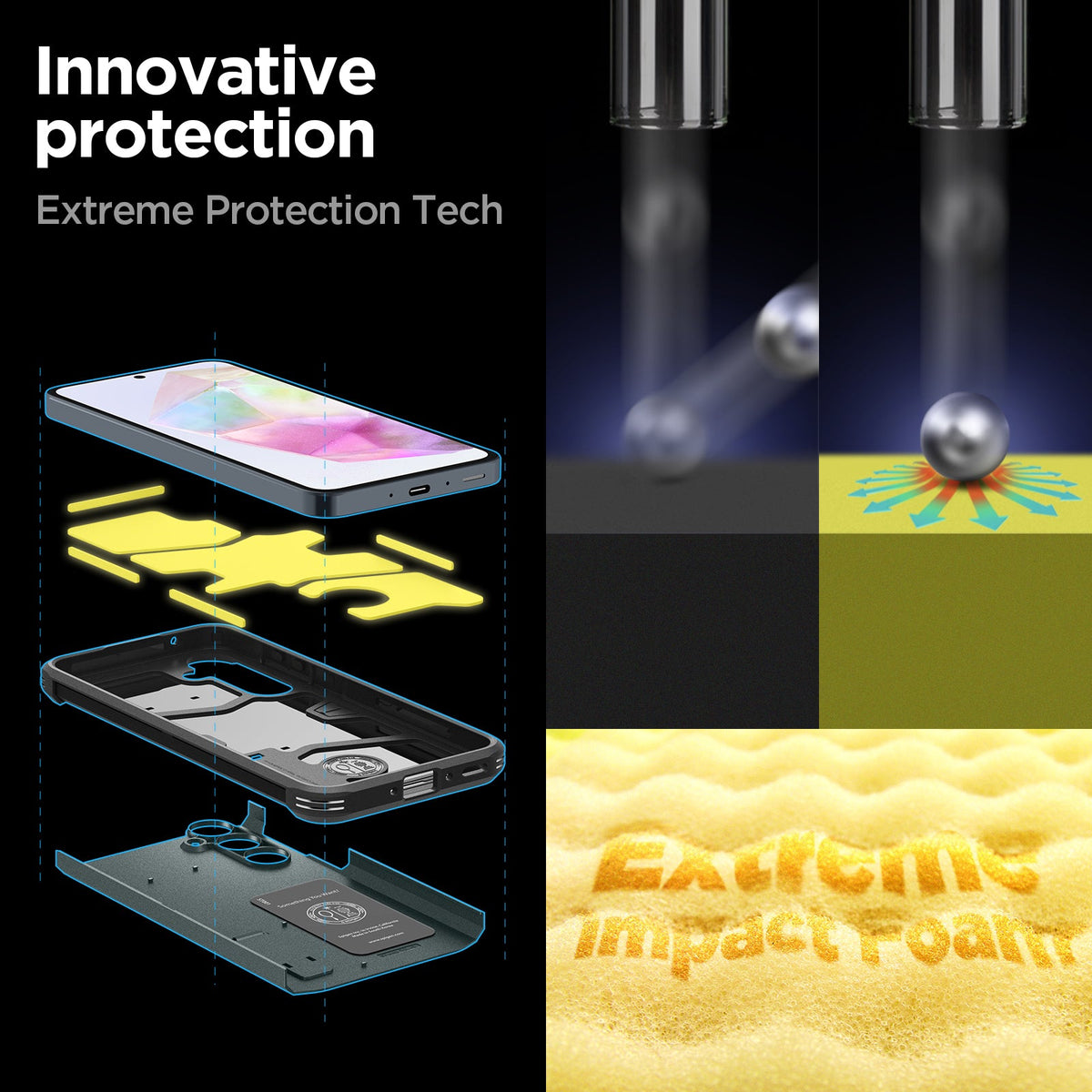 ACS07518 - Galaxy A35 5G Case Tough Armor in Abyss Green showing the innovative protection. Extreme Protection Tech