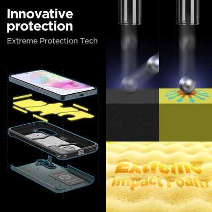ACS07518 - Galaxy A35 5G Case Tough Armor in Abyss Green showing the innovative protection. Extreme Protection Tech