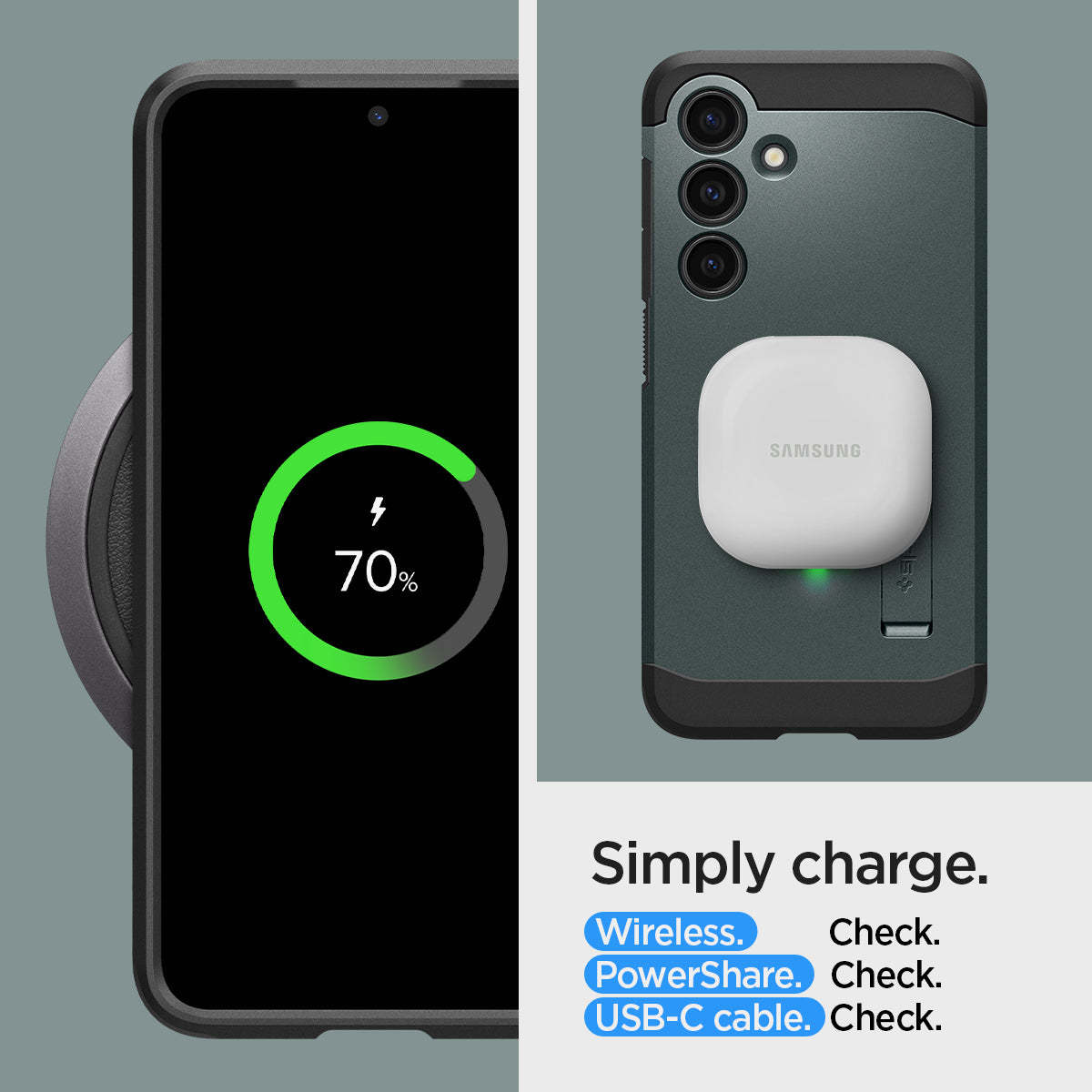 ACS07334 - Galaxy S24 Plus Case Tough Armor in Abyss Green showing simply charge. Wireless, PowerShare and USB-C cable all check
