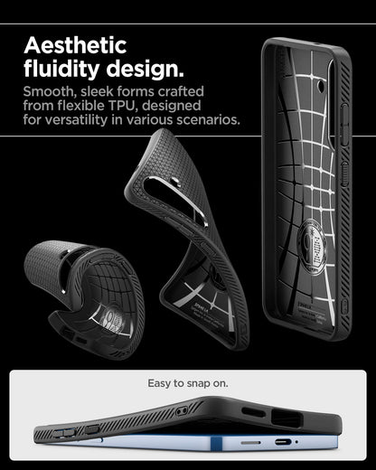 ACS08979 - Galaxy S25 Plus Case Liquid Air in Matte Black showing the aesthetic fluidity design. Smooth, sleek forms crafted from flexible TPU, designed for versatility in various scenarios. East to snap on