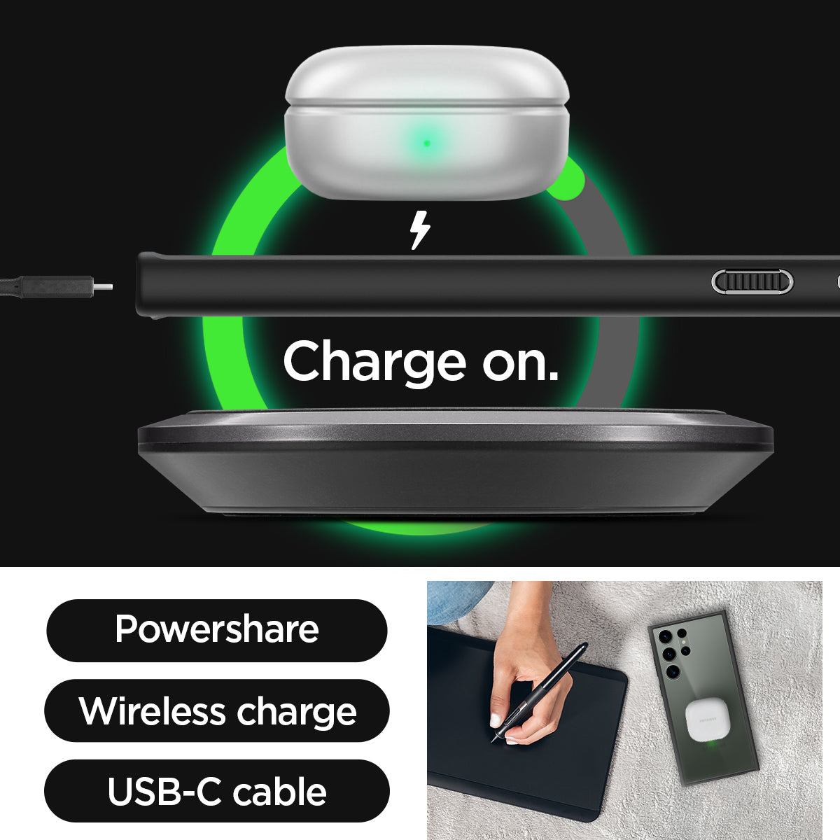 ACS05618 - Galaxy S23 Ultra Case Ultra Hybrid in black charge on. powershare. wireless charge. USB-C cable.