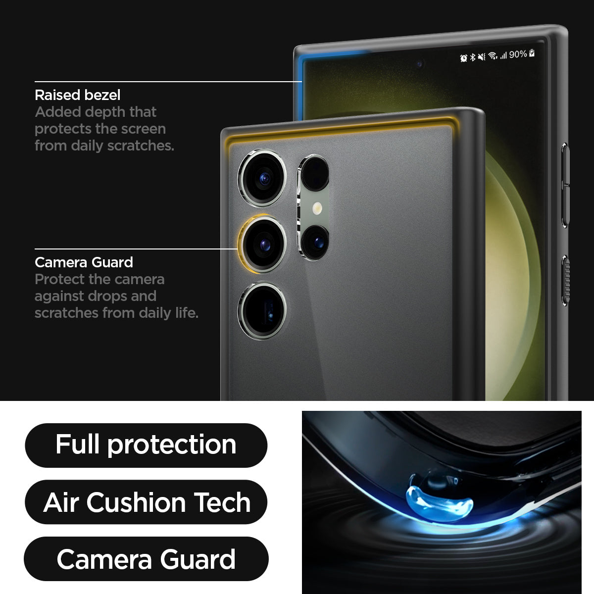 ACS05619 - Galaxy S23 Ultra Case Ultra Hybrid in frost black raised bezel added depth that protects the screen from daily scratches. camera guard protect the camera against drops and scratches from daily life. full protection. air cushion tech. camera guard.