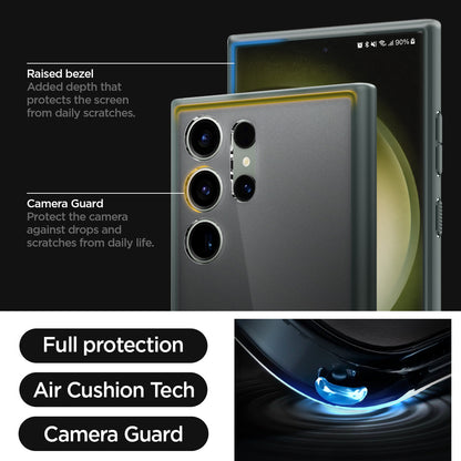 ACS06080 - Galaxy S23 Ultra Case Ultra Hybrid in frost green raised bezel added depth that protects the screen from daily scratches. camera guard protect the camera against drops and scratches from daily life. full protection. air cushion tech. camera guard.