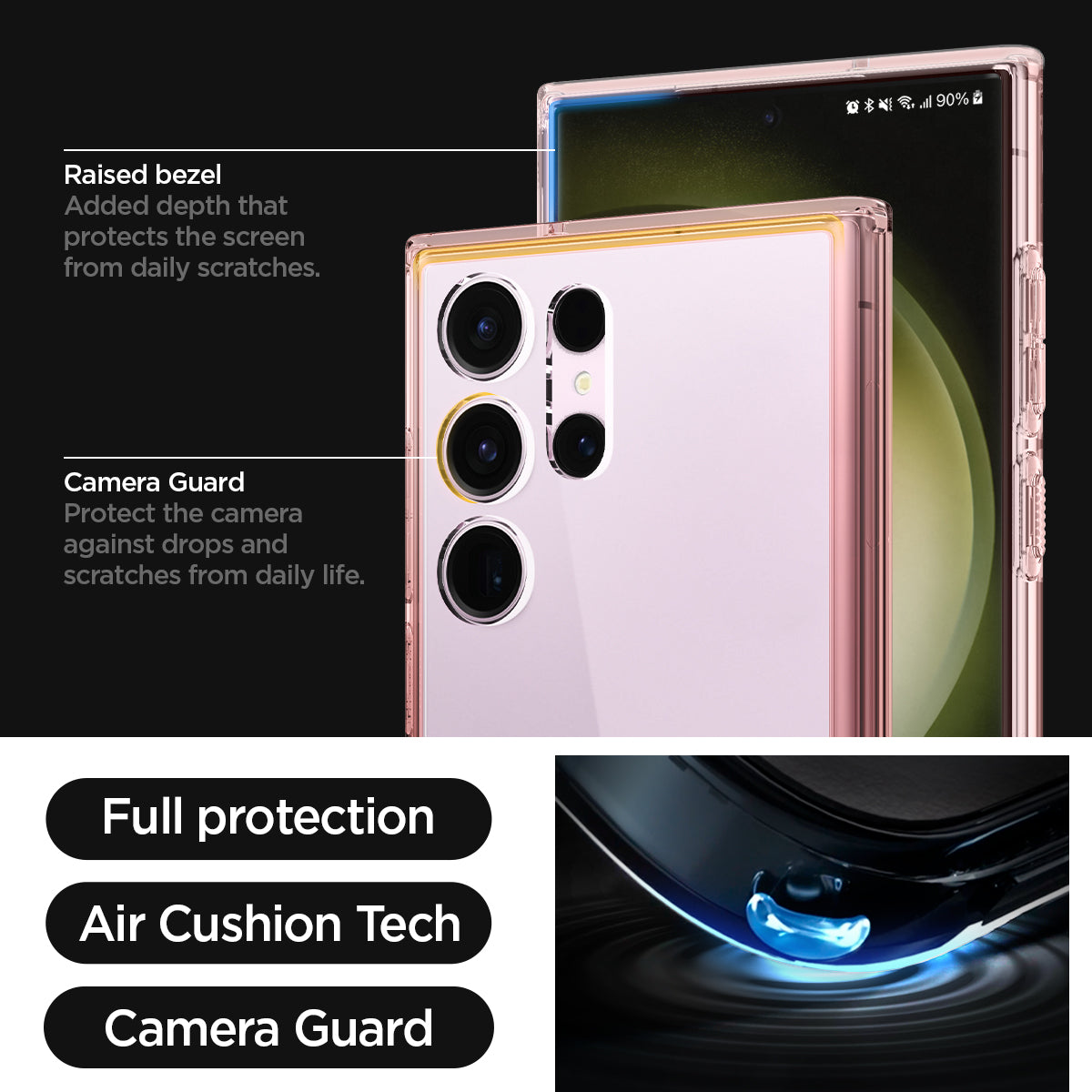 ACS06079 - Galaxy S23 Ultra Case Ultra Hybrid in rose crystal raised bezel added depth that protects the screen from daily scratches. camera guard protect the camera against drops and scratches from daily life. full protection. air cushion tech. camera guard.