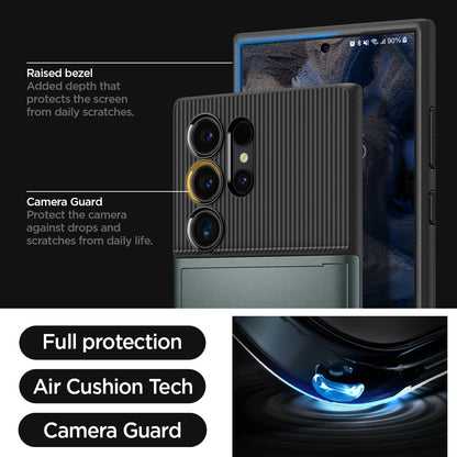 ACS07307 - Galaxy S24 Ultra Case Slim Armor CS in Abyss Green showing the full protection, air cushion tech and camera guard. Raised bezel - added depth that protects the screen from daily scratches